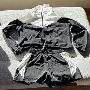 NWOT black and white windbreaker jacket and shorts workout set size Medium